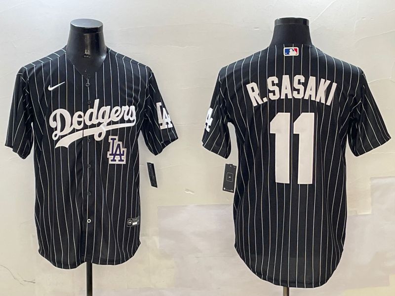 Men Los Angeles Dodgers #11 R.Sasaki Black Stripe Jointly Name 2025 Nike MLB Jersey style 12